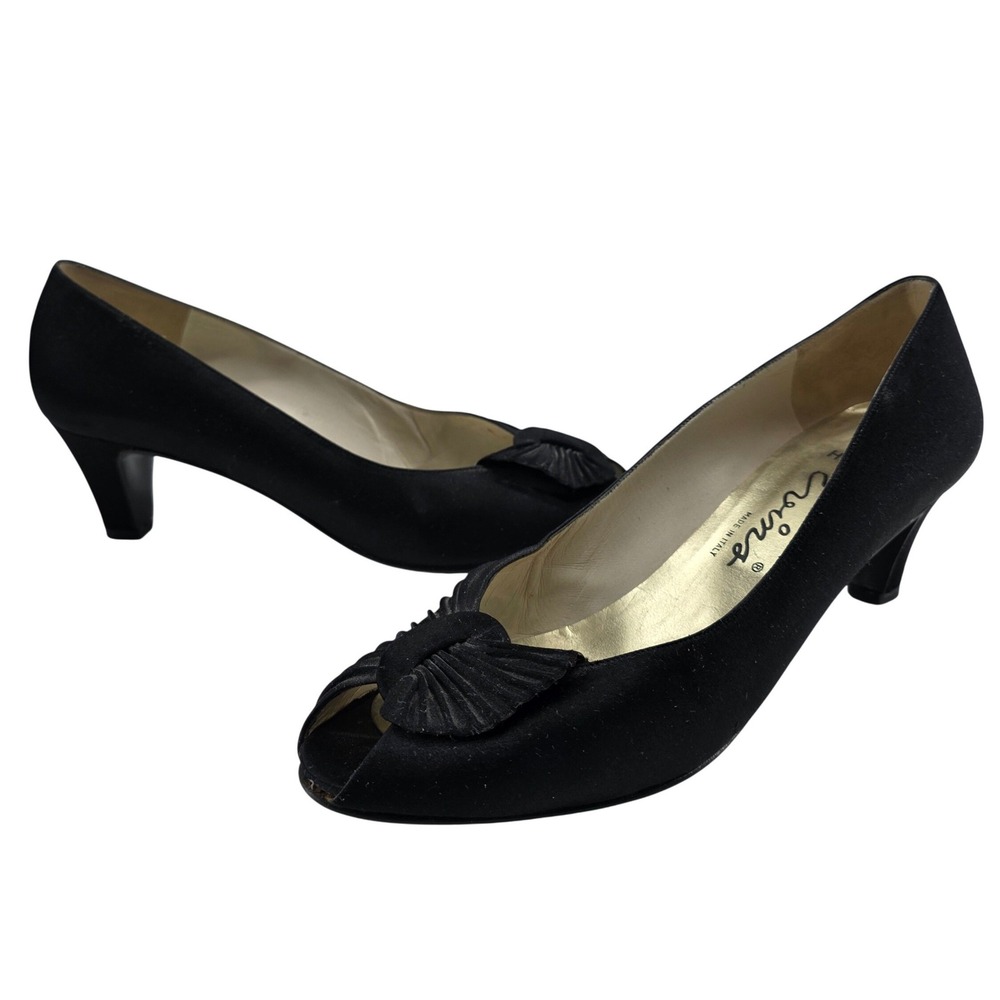 Vintage Evins Italy Heels Haute 7.5 AA Black Satin Peep Toe Pleated Pumps Retro